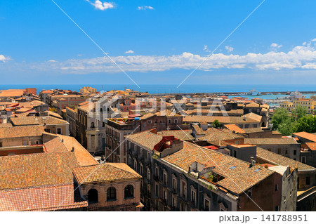 Panoramic view of a coastal city with terracotta roofs and the blue sea Panoramic view of a coastal city with terracotta roofs and the blue sea 141788951