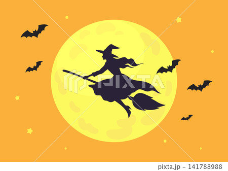 ハロウィンの魔女とこうもりと月の背景、オレンジ色 141788988