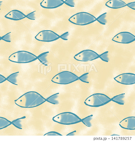 Seamless fish pattern with teal blue hand drawn fish on cream beige textured background illustration. Seamless fish pattern with teal blue hand drawn fish on cream beige textured background illustration. 141789257