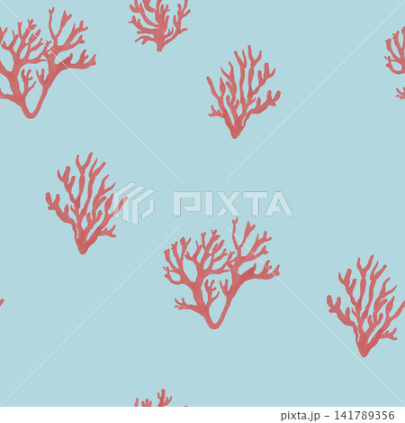Seamless coral reef pattern with pink coral branches on light blue background illustration. Seamless coral reef pattern with pink coral branches on light blue background illustration. 141789356