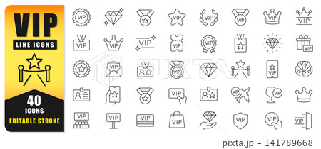 VIP Line Icon Set Featuring 40 Editable Stroke Icons For Premium Membership, Exclusive Access, Awards, Loyalty Programs, And Luxury Services. Perfect For Apps, Websites, Branding, UI, And Print Design VIP Line Icon Set Featuring 40 Editable Stroke Icons For Premium Membership, Exclusive Access, Awards, Loyalty Programs, And Luxury Services. Perfect For Apps, Websites, Branding, UI, And Print Design 141789668