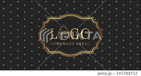 Luxury bakery label with cupcake on seamless polka dot pattern background 141789712