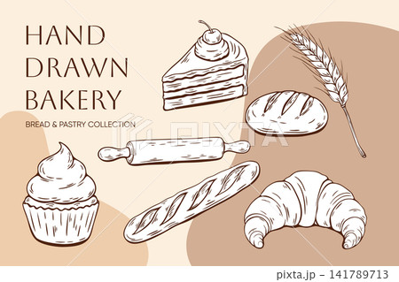 Hand drawn bakery collection with bread croissant cupcake cake and wheat Hand drawn bakery collection with bread croissant cupcake cake and wheat 141789713