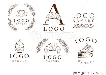 Hand drawn bakery logo collection with bread croissant cupcake cake and wheat Hand drawn bakery logo collection with bread croissant cupcake cake and wheat 141789718