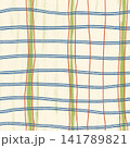 Seamless vertical stripe pattern with terracotta red and blue hand drawn lines on cream background illustration. 141789821