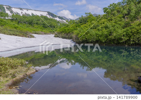 北海道大雪山 大雪高原沼の式部沼と残雪が織りなす初夏の絶景 東大雪 141789900