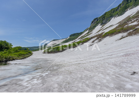 北海道大雪山 大雪高原沼の大学沼に広がる残雪と初夏の絶景 141789999