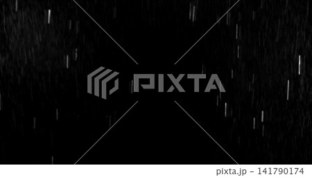 Motion blurred rain streaks isolated on a black background creating a realistic weather overlay with dynamic falling droplets perfect for visual effects compositing graphic design and atmospheric 141790174