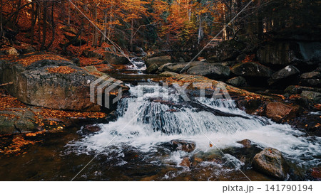 Crystal-clear mountain stream flowing through a vibrant autumn forest with golden foliage and large granite boulders. Peaceful wilderness landscape captured in warm natural light. 141790194