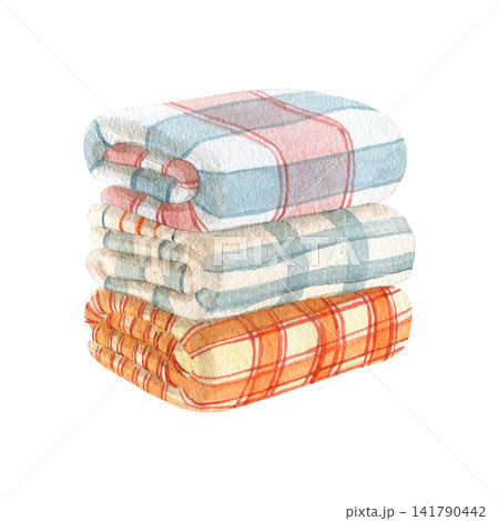Watercolor illustration of a stack of cozy folded plaid blankets with checkered patterns. Hand drawn soft home textiles clipart in pastel and orange colors, isolated on white for autumn design. 141790442