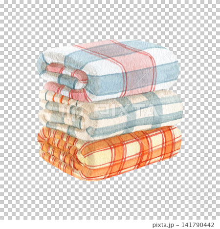 Watercolor illustration of a stack of cozy folded plaid blankets with checkered patterns. Hand drawn soft home textiles clipart in pastel and orange colors, isolated on white for autumn design. 141790442