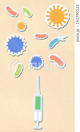 Medical syringe and vaccine fighting viruses, bacteria, and germs illustration on beige background Medical syringe and vaccine fighting viruses, bacteria, and germs illustration on beige background 141790522