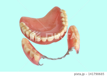 Complete removable denture for the upper jaw and clasp denture for the lower jaw. Complete removable denture for the upper jaw and clasp denture for the lower jaw. 141790685
