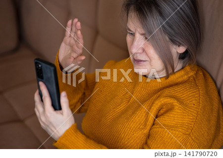 Mature woman having video call on smartphone, waving hand Mature woman having video call on smartphone, waving hand 141790720