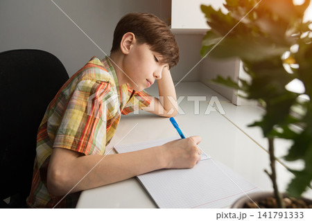 Young boy doing homework illustrating learning and education Young boy doing homework illustrating learning and education 141791333