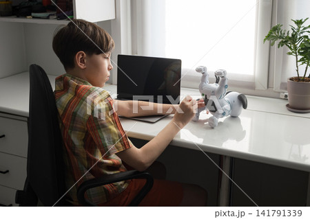 Boy learning engineering, repairing robot dog with laptop Boy learning engineering, repairing robot dog with laptop 141791339