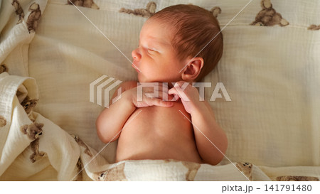 Newborn infant sleeping peacefully on teddy bear blanket 141791480