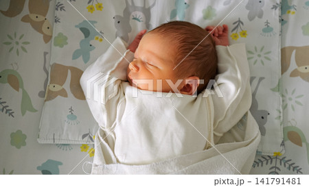 Newborn baby sleeping peacefully in a crib with animal patterns 141791481