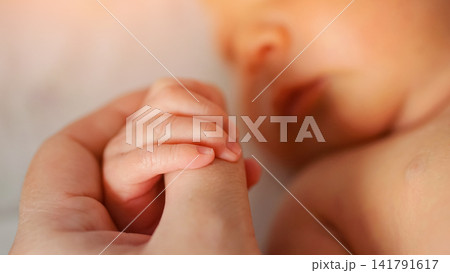 Newborn baby holding parent's finger in loving gesture 141791617