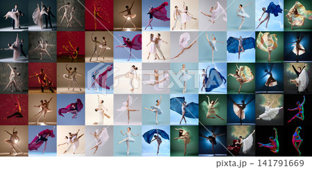 Artistic ballet collage combining professional dancers and varied stage movement in grid Artistic ballet collage combining professional dancers and varied stage movement in grid 141791669