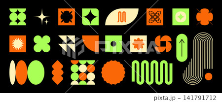Trendy vector brutalism colorful Y2K shapes icons arcs, waves, stars, ovals, spirals, and other primitive elements. Swiss design aesthetic. Abstract geometric figures. Bauhaus Memphis design. 141791712