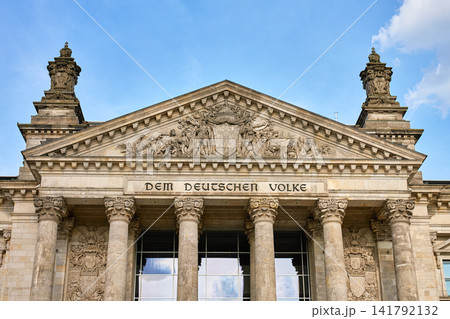Reichstag facade with Dem Deutschen Volke inscription in Berlin Reichstag facade with Dem Deutschen Volke inscription in Berlin 141792132
