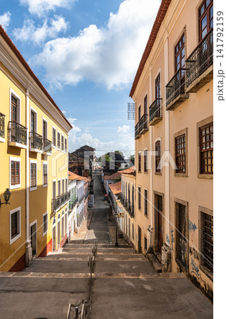 Sao Luis, Brazil - Jan 11, 2026: Traditional Portuguese architecture and staircase on Rua da Palma street in Sao Luis, Brazil Sao Luis, Brazil - Jan 11, 2026: Traditional Portuguese architecture and staircase on Rua da Palma street in Sao Luis, Brazil 141792159