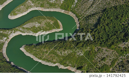 Curved meanders in canyon of Uvac river Serbia Curved meanders in canyon of Uvac river Serbia 141792425