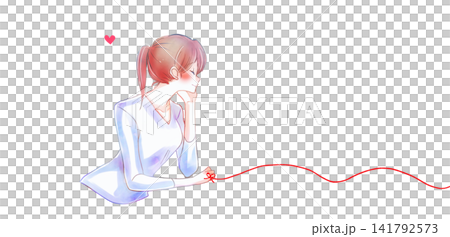The woman tied with the red thread of fate, resting her chin on her hand, smiling. The woman tied with the red thread of fate, resting her chin on her hand, smiling. 141792573