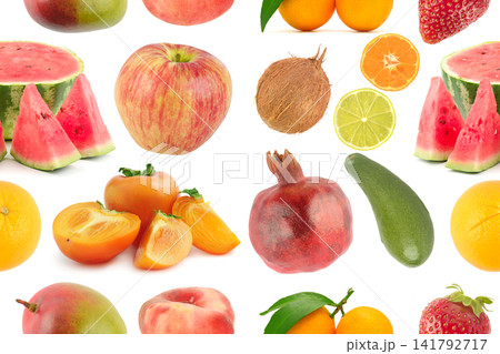 Colorful Summer Fruit Mix Seamless Pattern with Sliced Watermelon and Whole Fruits for Bright Surface Designing and Modern Graphic Projects. Colorful Summer Fruit Mix Seamless Pattern with Sliced Watermelon and Whole Fruits for Bright Surface Designing and Modern Graphic Projects. 141792717