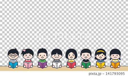 一幅插圖,描繪了八個面帶微笑的孩子,他們手捧打開的書,排成一排。 一幅插圖,描繪了八個面帶微笑的孩子,他們手捧打開的書,排成一排。 141793095
