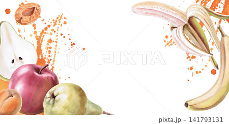 A rectangular frame with fruit and juicy splashes. Suitable for restaurant menu designs, food packaging, cookbooks, farm product labels, healthy eating blogs, and kitchen textiles. A rectangular frame with fruit and juicy splashes. Suitable for restaurant menu designs, food packaging, cookbooks, farm product labels, healthy eating blogs, and kitchen textiles. 141793131