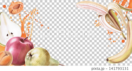 A rectangular frame with fruit and juicy splashes. Suitable for restaurant menu designs, food packaging, cookbooks, farm product labels, healthy eating blogs, and kitchen textiles. A rectangular frame with fruit and juicy splashes. Suitable for restaurant menu designs, food packaging, cookbooks, farm product labels, healthy eating blogs, and kitchen textiles. 141793131