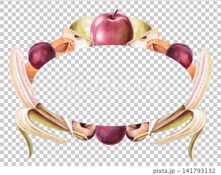 An oval frame made of apples, pears, apricots, plums, and bananas. Suitable for restaurant menu designs, food packaging, cookbooks, farm product labels, healthy eating blogs, and kitchen textiles. An oval frame made of apples, pears, apricots, plums, and bananas. Suitable for restaurant menu designs, food packaging, cookbooks, farm product labels, healthy eating blogs, and kitchen textiles. 141793132