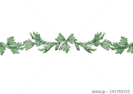 A seamless border of stylized fir branches. Isolated watercolor illustration for wedding invitations, business cards, craft product labels, home textiles, and fantasy book cover designs. 141793155