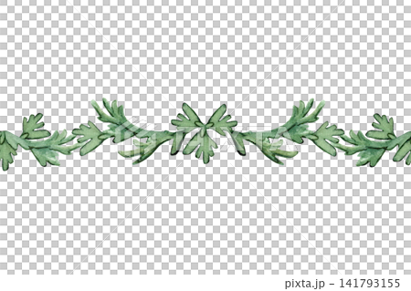 A seamless border of stylized fir branches. Isolated watercolor illustration for wedding invitations, business cards, craft product labels, home textiles, and fantasy book cover designs. 141793155