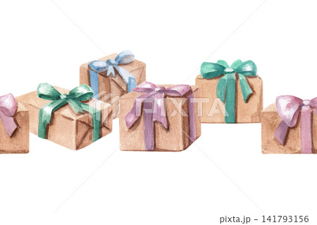 A seamless watercolor illustration of wrapped gifts. Perfect for cards, holiday invitations, New Year's banners, store decor, and board games 141793156