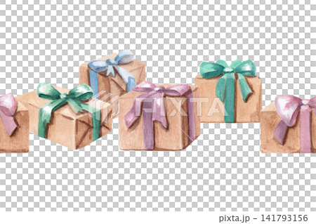 A seamless watercolor illustration of wrapped gifts. Perfect for cards, holiday invitations, New Year's banners, store decor, and board games 141793156