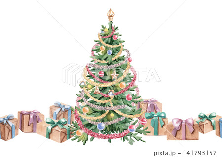A seamless watercolor illustration featuring a decorated Christmas tree and wrapped gifts. Perfect for cards, holiday invitations, New Year's banners, store decor, and board games. 141793157