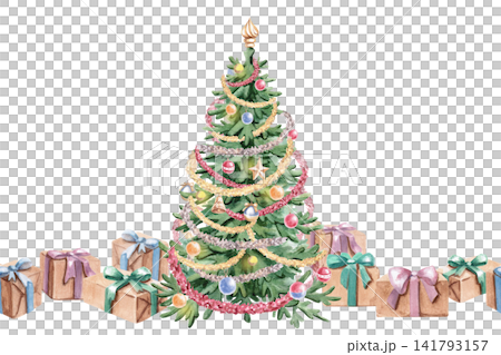 A seamless watercolor illustration featuring a decorated Christmas tree and wrapped gifts. Perfect for cards, holiday invitations, New Year's banners, store decor, and board games. 141793157