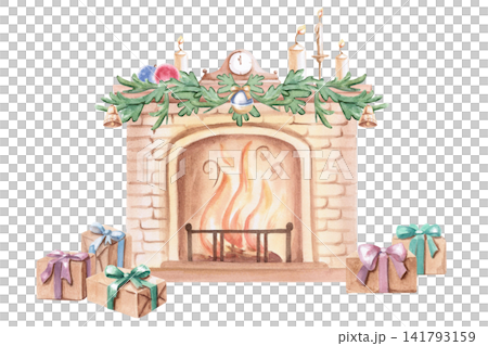 A festively decorated fireplace with gift boxes nearby. Isolated watercolor illustration for creating a New Year's mood in greeting cards, printed materials, textiles, and home decor. A festively decorated fireplace with gift boxes nearby. Isolated watercolor illustration for creating a New Year's mood in greeting cards, printed materials, textiles, and home decor. 141793159