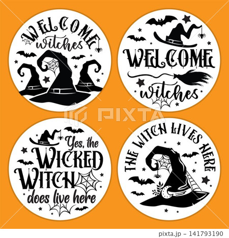 Witch Theme Halloween Round Door Sign SVG Bundle. Witch Theme Halloween Round Door Sign SVG Bundle. 141793190