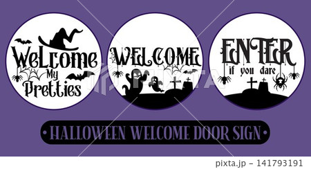Spooky Halloween Welcome Round Door Sign SVG Set. 141793191