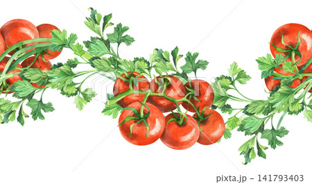 Seamless border of the green onion, tomatoes and parsley. Watercolor illustration. Handmade art work. For packaging design, cards, cover, prints, product labels and fabric. 141793403
