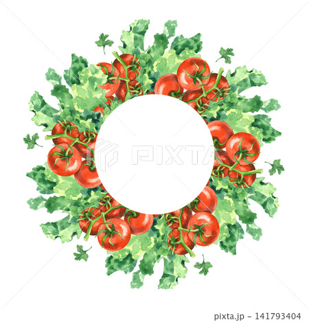 Wreath of the lettuce, tomatoes and parsley. Watercolor illustration. Handmade art work. For packaging design, cards, cover, prints, product labels and fabric. 141793404