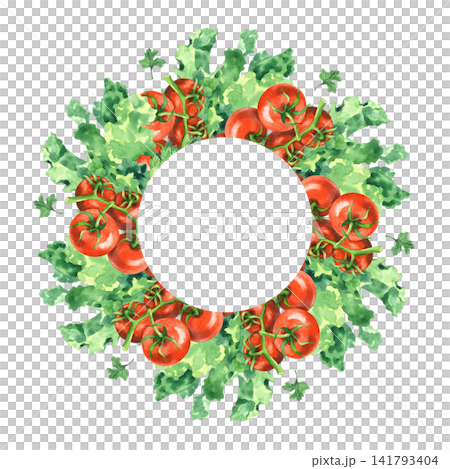 Wreath of the lettuce, tomatoes and parsley. Watercolor illustration. Handmade art work. For packaging design, cards, cover, prints, product labels and fabric. 141793404