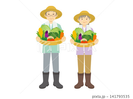 野菜の入った籠を持つ高齢の男性と女性の全身のイラストのセット 141793535