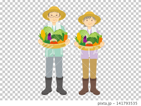 野菜の入った籠を持つ高齢の男性と女性の全身のイラストのセット 141793535