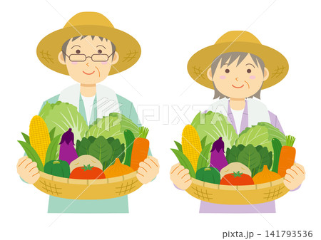 野菜の入った籠を持つ高齢の男性と女性の上半身のイラストのセット 野菜の入った籠を持つ高齢の男性と女性の上半身のイラストのセット 141793536