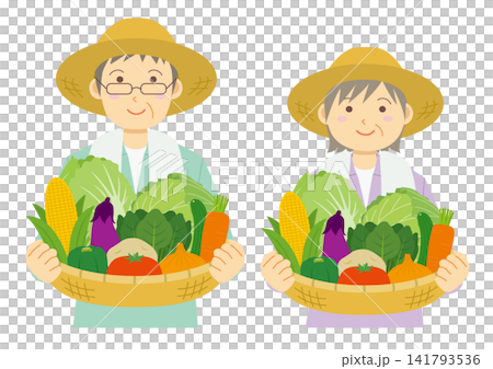 野菜の入った籠を持つ高齢の男性と女性の上半身のイラストのセット 野菜の入った籠を持つ高齢の男性と女性の上半身のイラストのセット 141793536